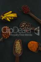 Various spices in wooden scoop