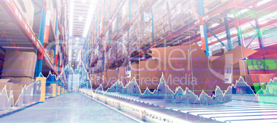 Composite image of row of brown cardboard boxes on conveyor belt