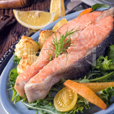 salmon with butter fried potato puree and salad