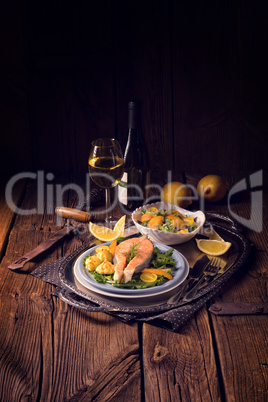 salmon with butter fried potato puree and salad