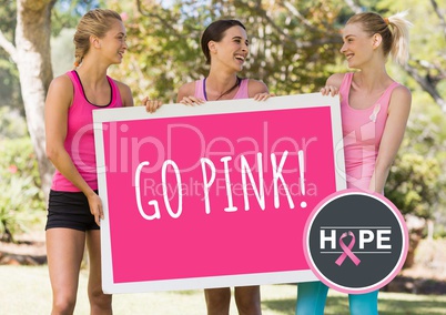 Go Pink and pink breast cancer awareness women holding card