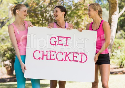 Get checked text and pink breast cancer awareness women holding card