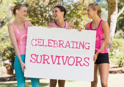 Celebrating survivors text and pink breast cancer awareness women holding card