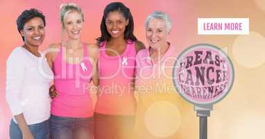 Learn more button with Breast cancer awareness magnified and women with transition