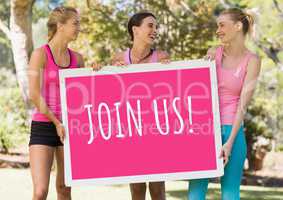 Join us text and pink breast cancer awareness women holding card