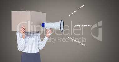 Fake news text and cardboard head using megaphone with illustrations