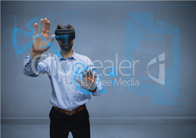 man in shirt with vr using interface