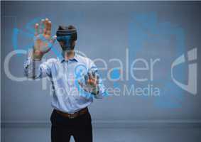 man in shirt with vr using interface