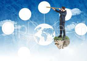 Businessman with telescope on floating rock platform with interface of world in sky