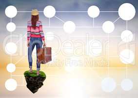 Woman with suitcase on floating rock platform with interface mind map in sky