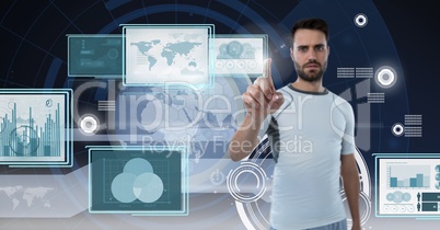 man touching and interacting with technology interface panels