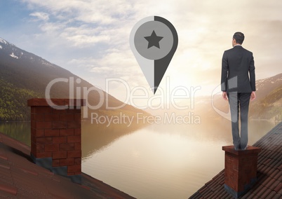 Marker location pointer and Businessman standing on Roofs with chimney and lake mountain landscape