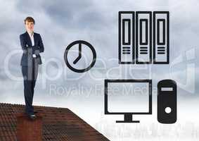 Office icons and Businesswoman standing on Roof with chimney and cloudy city