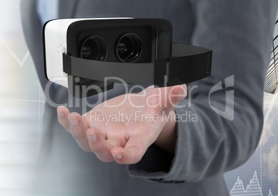 Hand holding and interacting with virtual reality headset with transition effect