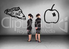 Junk food or healthy food with Businesswoman looking in opposite directions