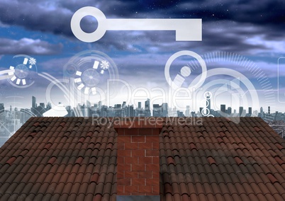 Key and interface over roof and city
