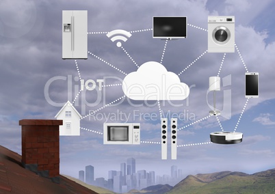 Household objects and machines over roof and city
