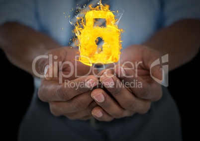 hands with lock fire icons over. Black background