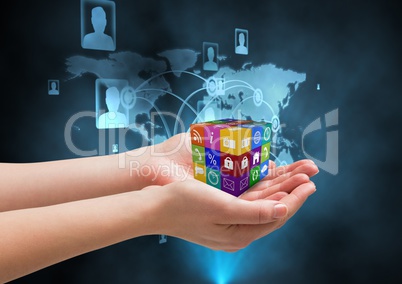 hands with application icons cube. Technological background