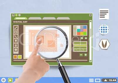 Hand touching Magnifying glass over digital art editor window on Paper cut out desktop