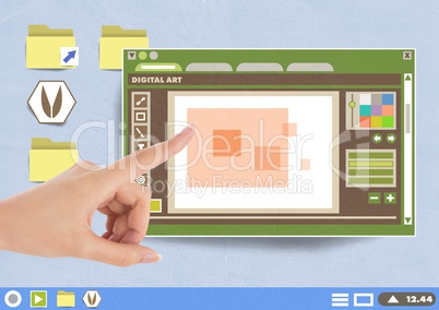 Hand touching Digital art editor window and Folder and files icons on Paper cut out desktop