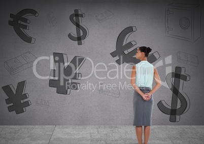 woman in front of money on wall