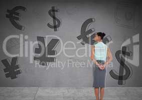 woman in front of money on wall