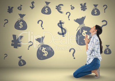 Woman in front of money on wall