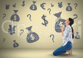 Woman in front of money on wall
