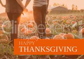 Happy thanksgiving text with couple in field of pumpkins