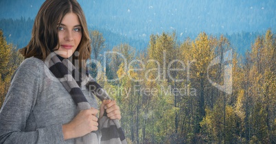 Woman in Autumn with scarf in forest