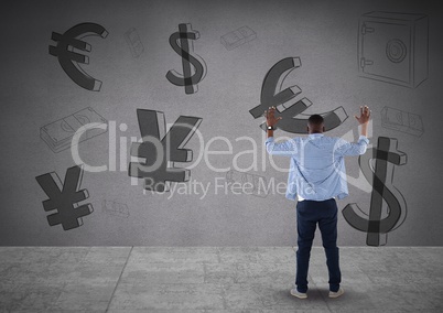man in front of money on wall with arms up