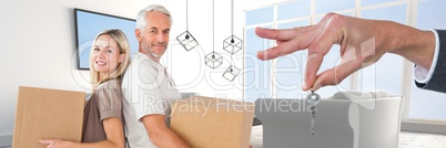 couple holding boxes in 3d living room