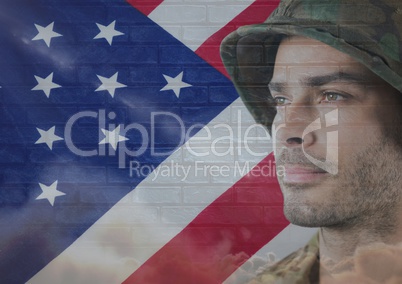 veterans day soldier in front of flag