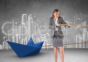 Businesswoman pulling paper boat with rope in room