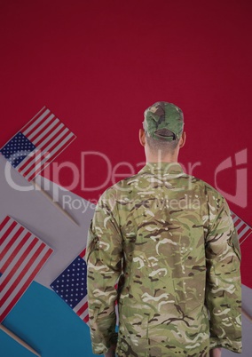 veterans day soldier in front of flag