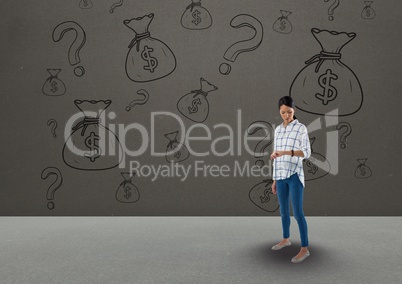 woman looking on watch in front of money on wall