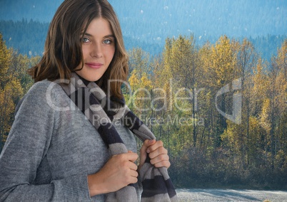 Woman in Autumn with scarf in forest