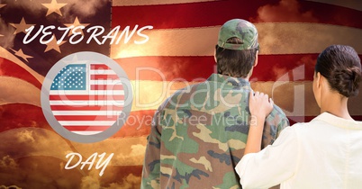 veterans day soldier in front of flag