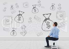 businessman sitting in front of money on wall