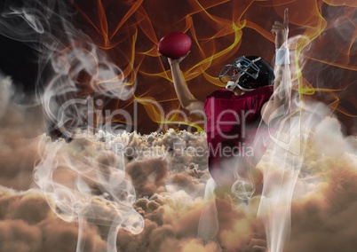 american football player cheering with fire background