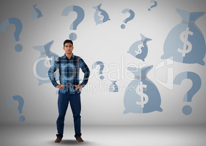 man in front of money on wall