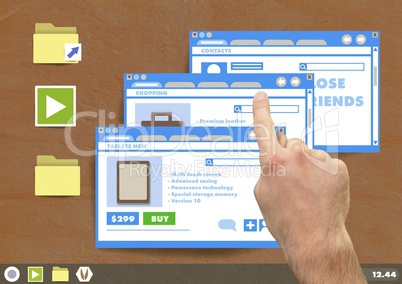 Hand touching Many Website windows on Paper cut out desktop