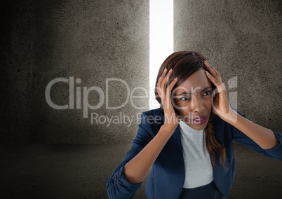 Businesswoman worried and anxious with light stream gap in dark