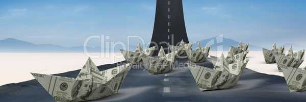 Group of Paper money dollar boats on road
