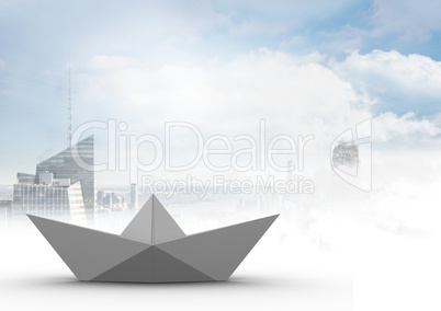 Paper boat in city sky