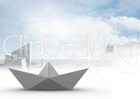 Paper boat in city sky
