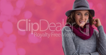 Woman in Autumn with hat and scarf with pink sparkles