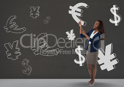 happy woman pointing up in front of money on wall
