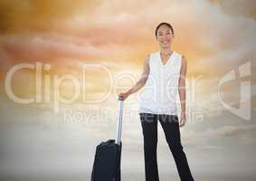 Businesswoman with travel bag and clouds